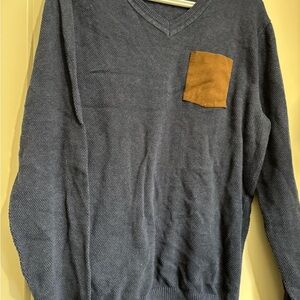Simons Navy V-Neck Sweater with Brown Chest Pocket